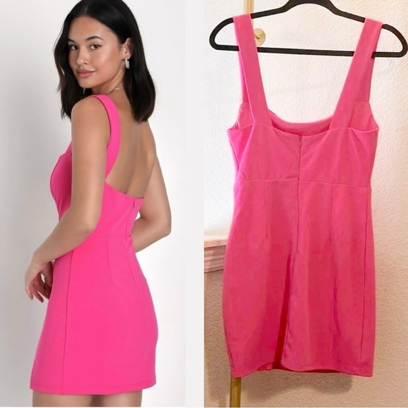 Size S - NWOT Lulus Social Sensation Hot Pink Square Neck Mini Bodycon Dress - Picture 8 of 8